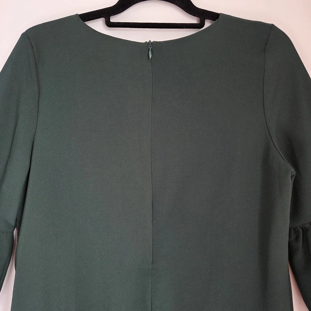 Belongsci Dark Green Loose Fit Shift Mini Dress 3/4 Tiered Bell Sleeve Size M - Picture 8 of 10